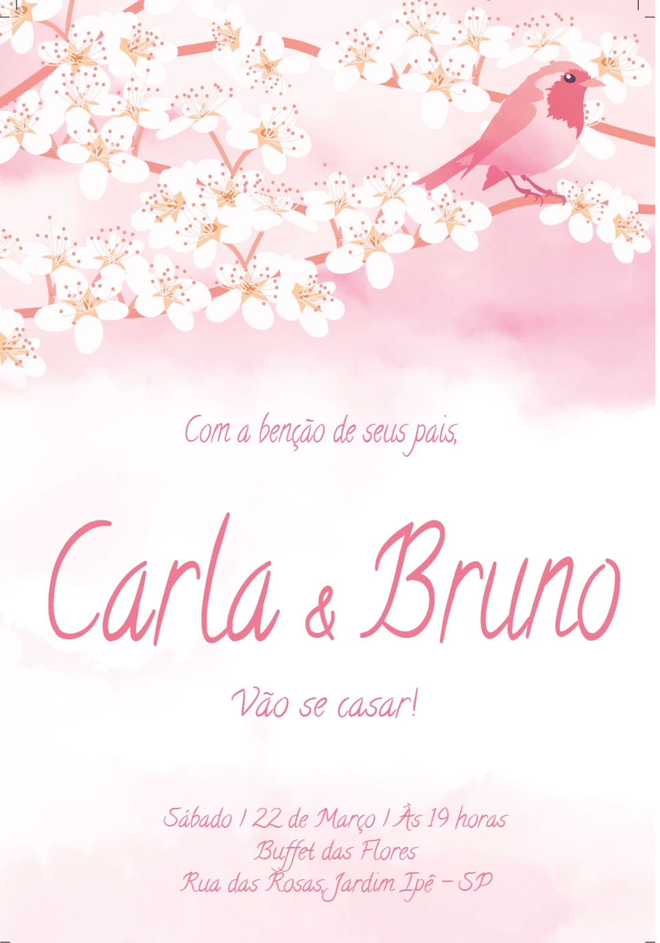 Convite de Casamento Floral com Pássaro para Editar Online