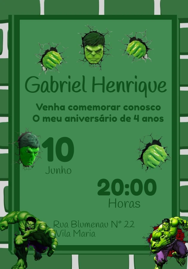 Convite de Aniversário do Hulk para Editar e Enviar Online