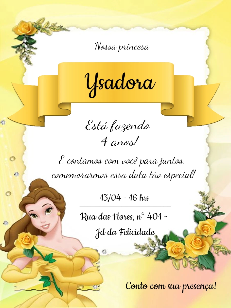 Convite Aniversário A Bela e a Fera para Editar Online