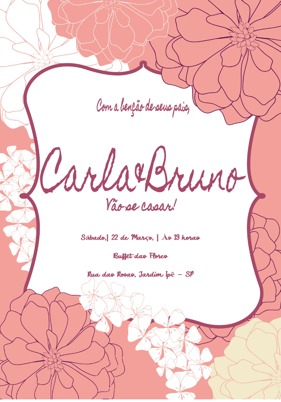 Convite de Casamento Floral Rosa para Editar Online