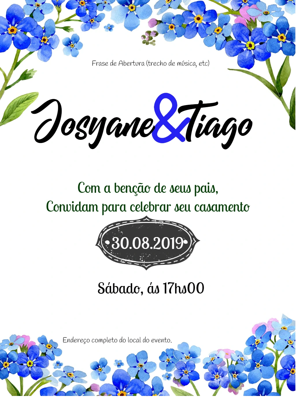 Convite de Casamento Floral Azul para Editar e Imprimir Online