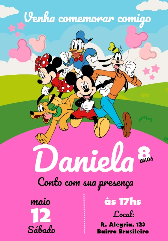 Convite Aniversário Turma do Mickey para Editar Online