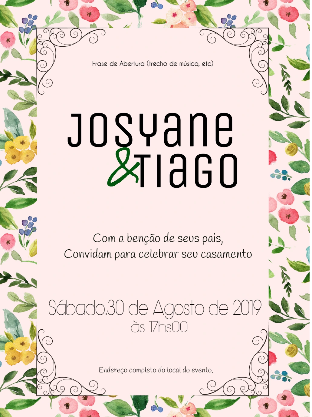 Convite de Casamento Floral Aquarela para Editar Online