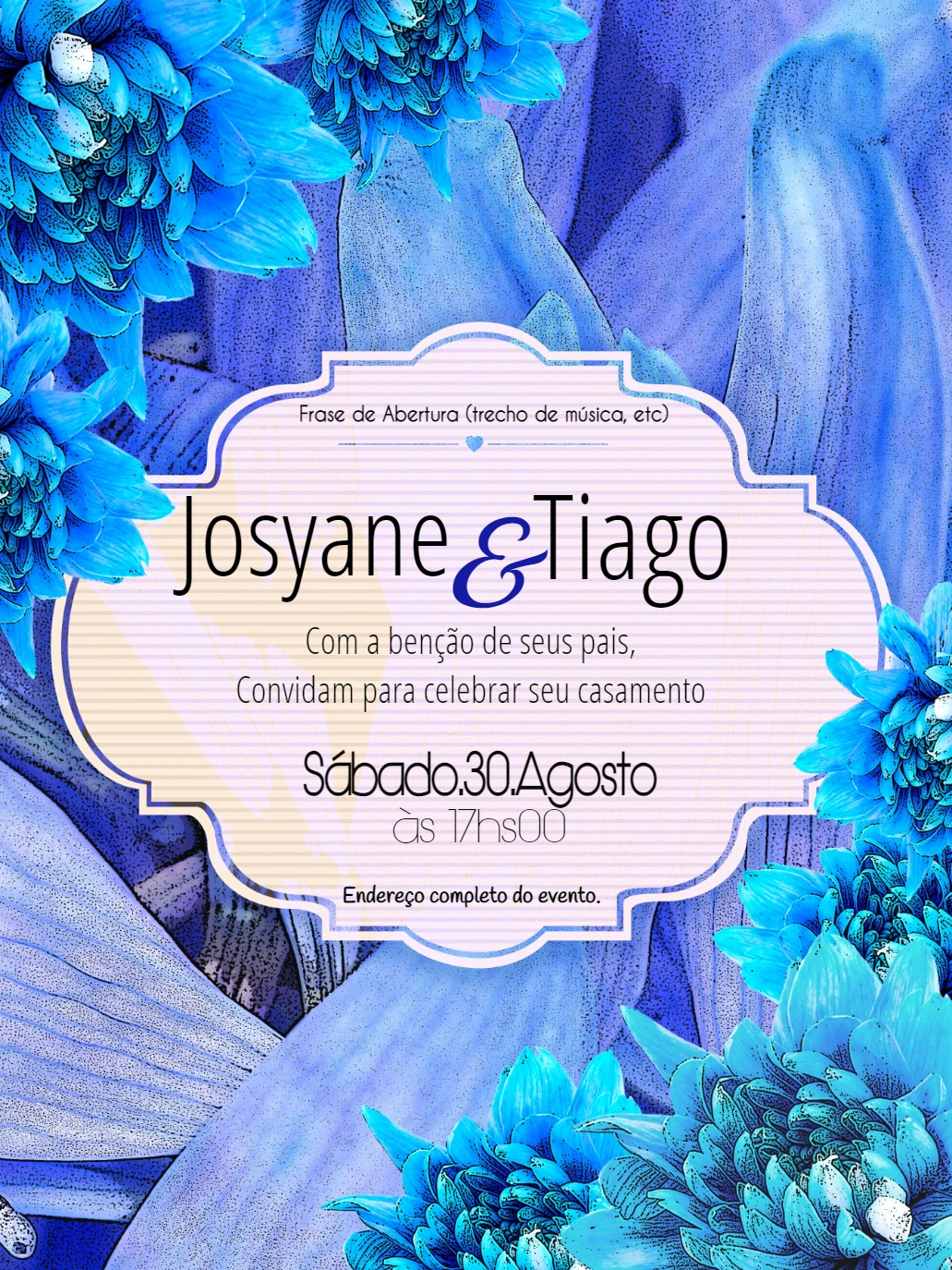 Convite de Casamento Floral Azul para Editar Online e Imprimir