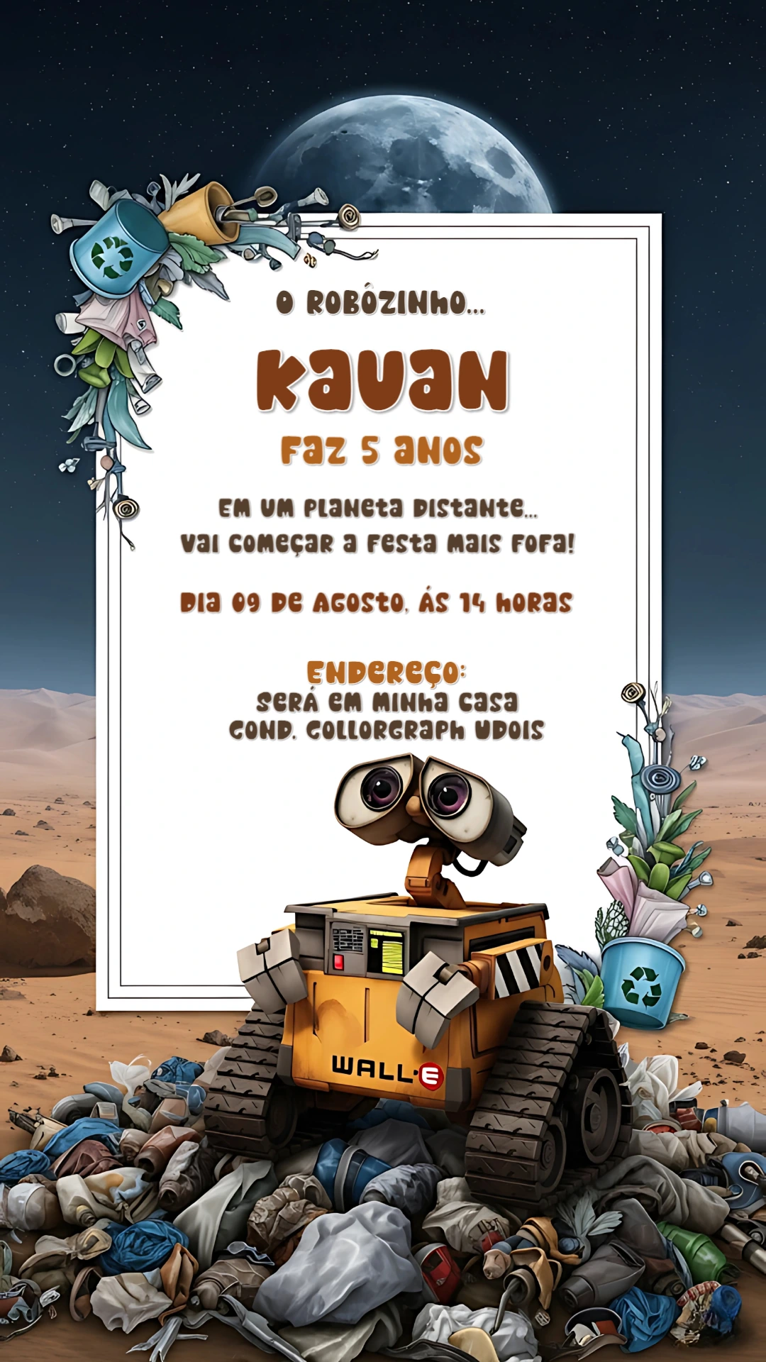 Convite de Aniversário do Robô Wall-E Editável