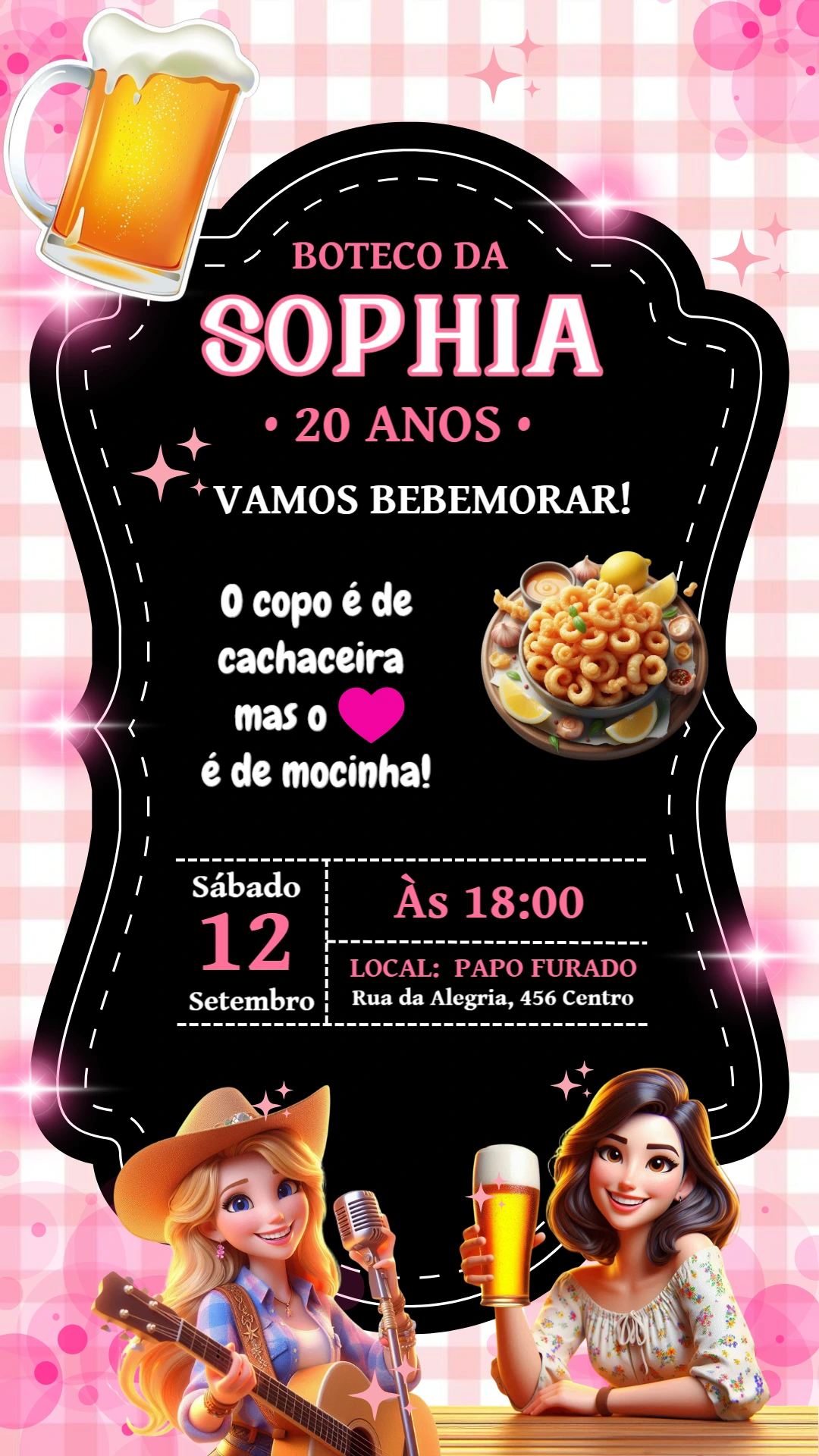 Convite de Aniversário Boteco Feminino Editável Online