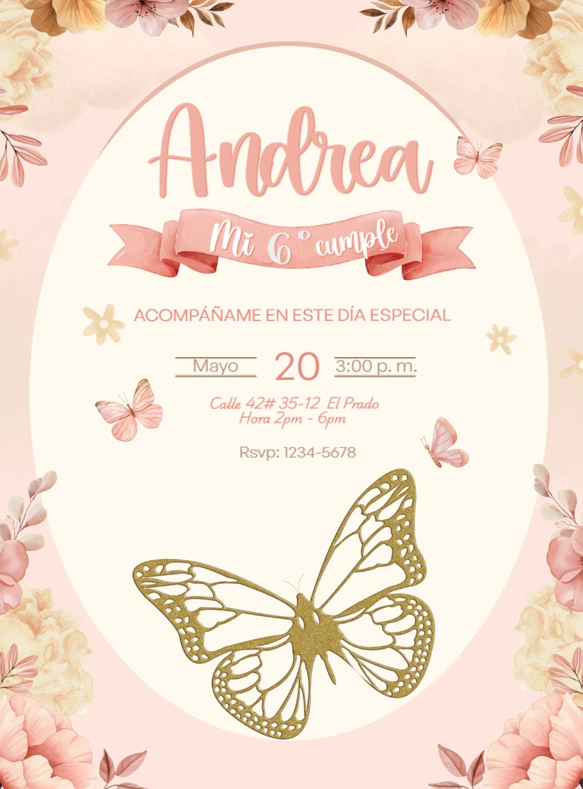Invitación de Cumpleaños Mariposas y Flores Rosas para Editar