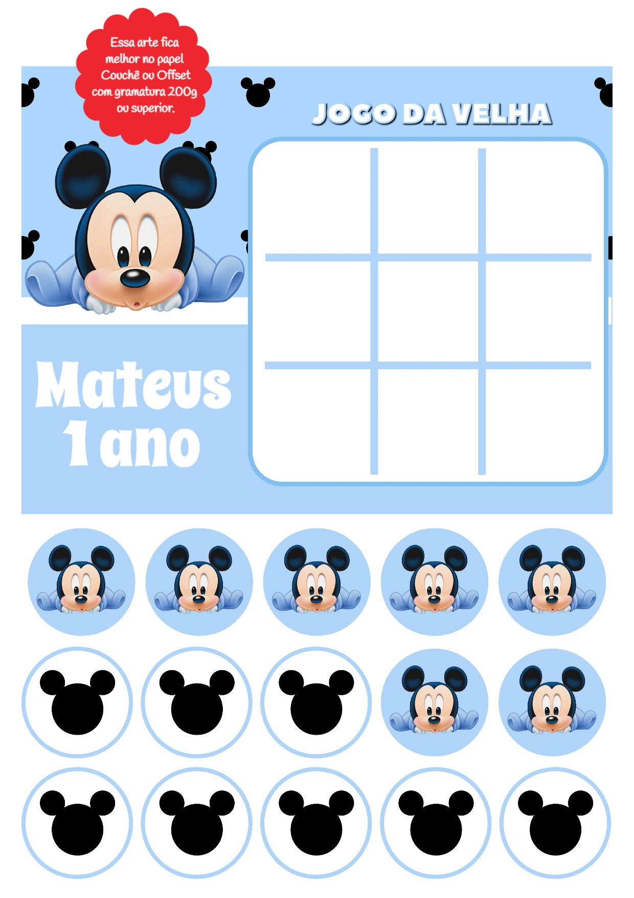 Jogo da Velha Mickey Baby para Aniversário: Edite e Imprima
