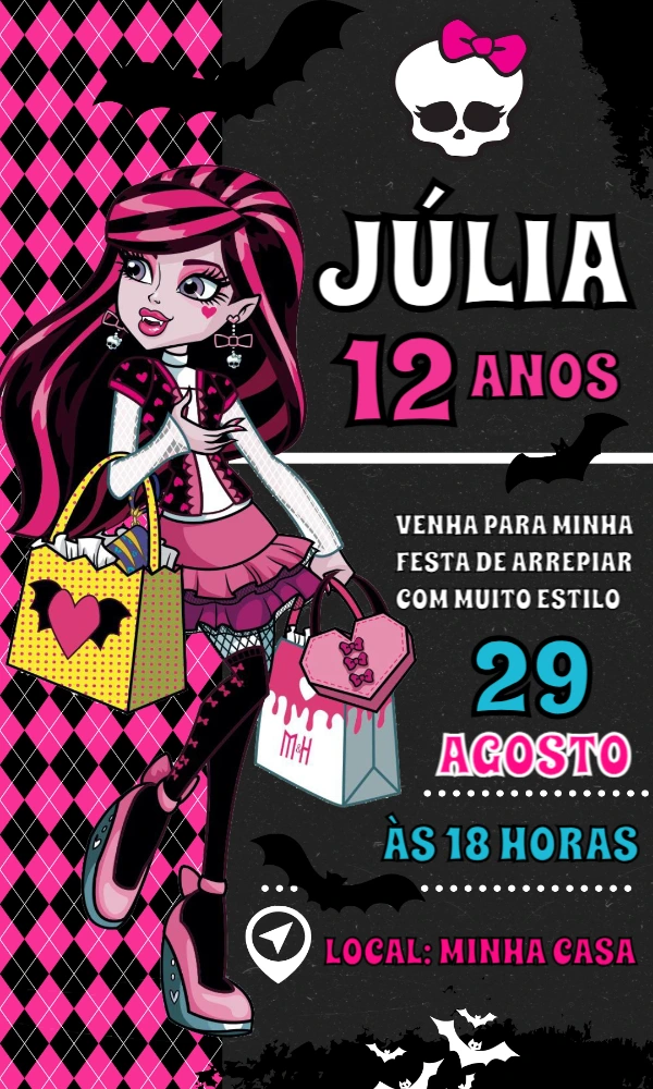 Convite de Aniversário Monster High com Draculaura para Editar