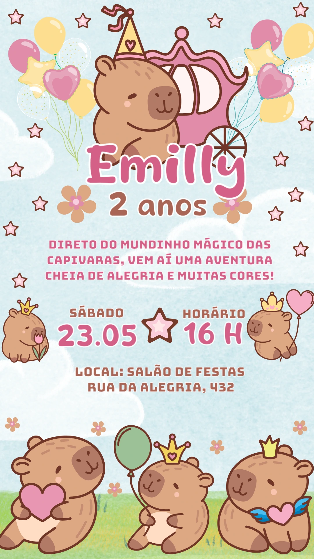 Convite Aniversário Capivara Princesa para Editar Online
