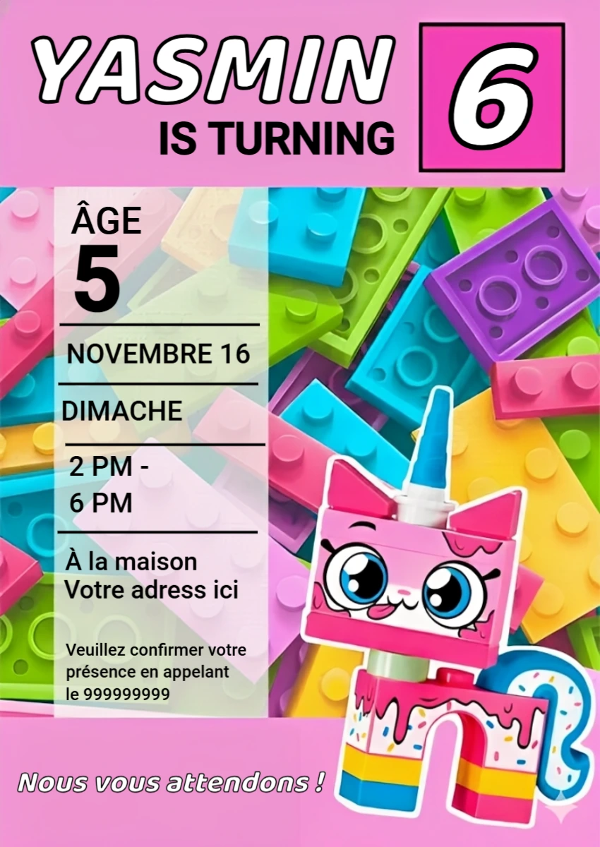 Invitation Anniversaire Unikitty Blocs Colorés Lego Modèle à Éditer
