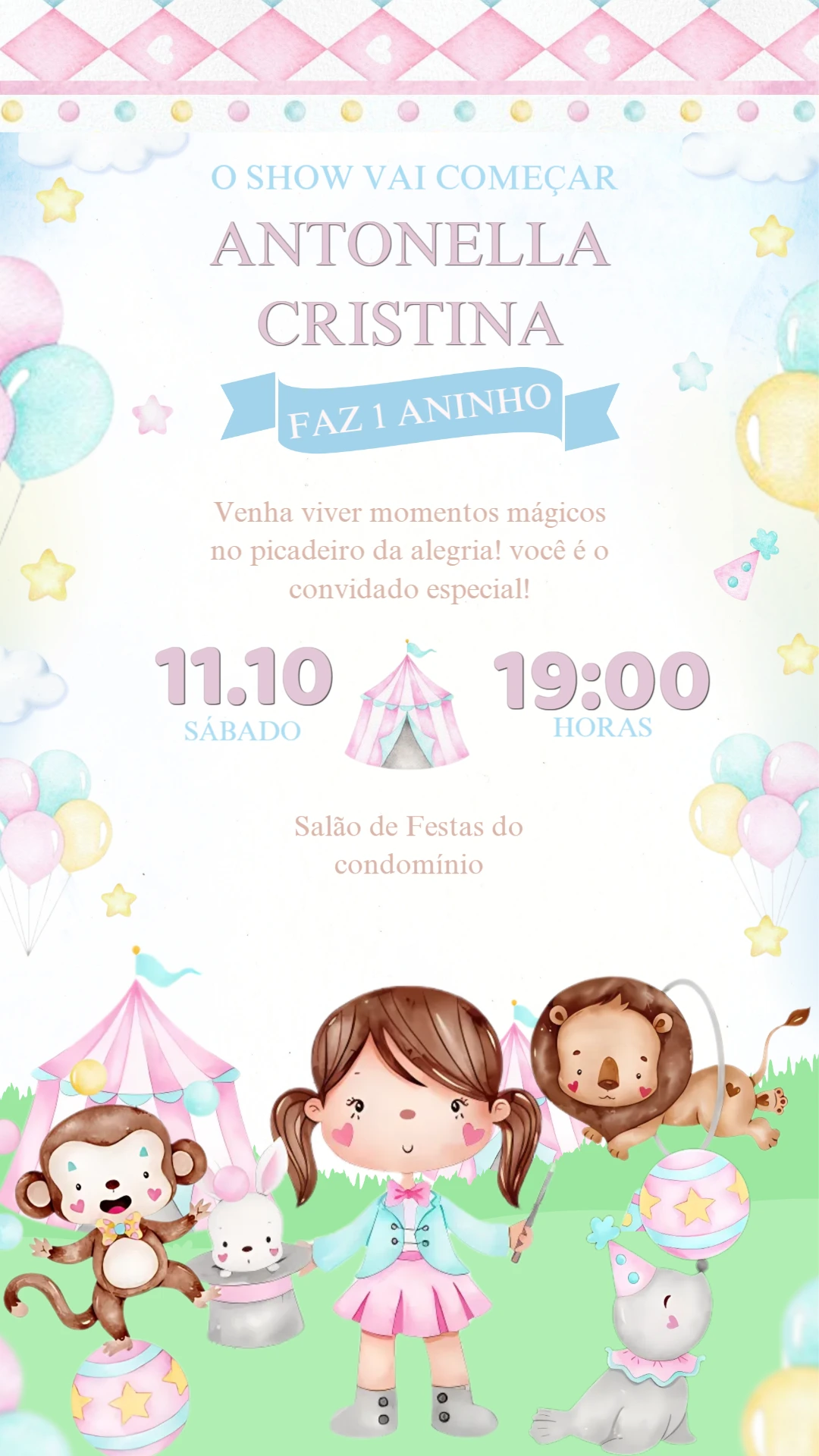 Convite Aniversário Circo Rosa com Animais para Editar Online