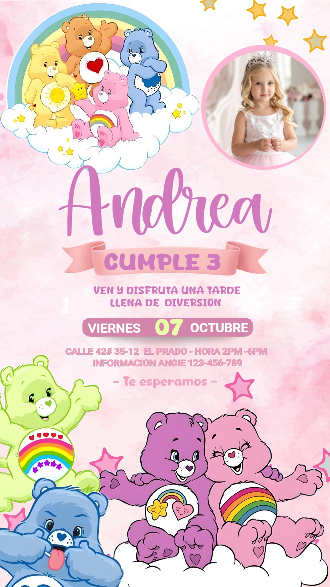 Invitación de Cumpleaños Ositos Cariñositos Rosa para Editar