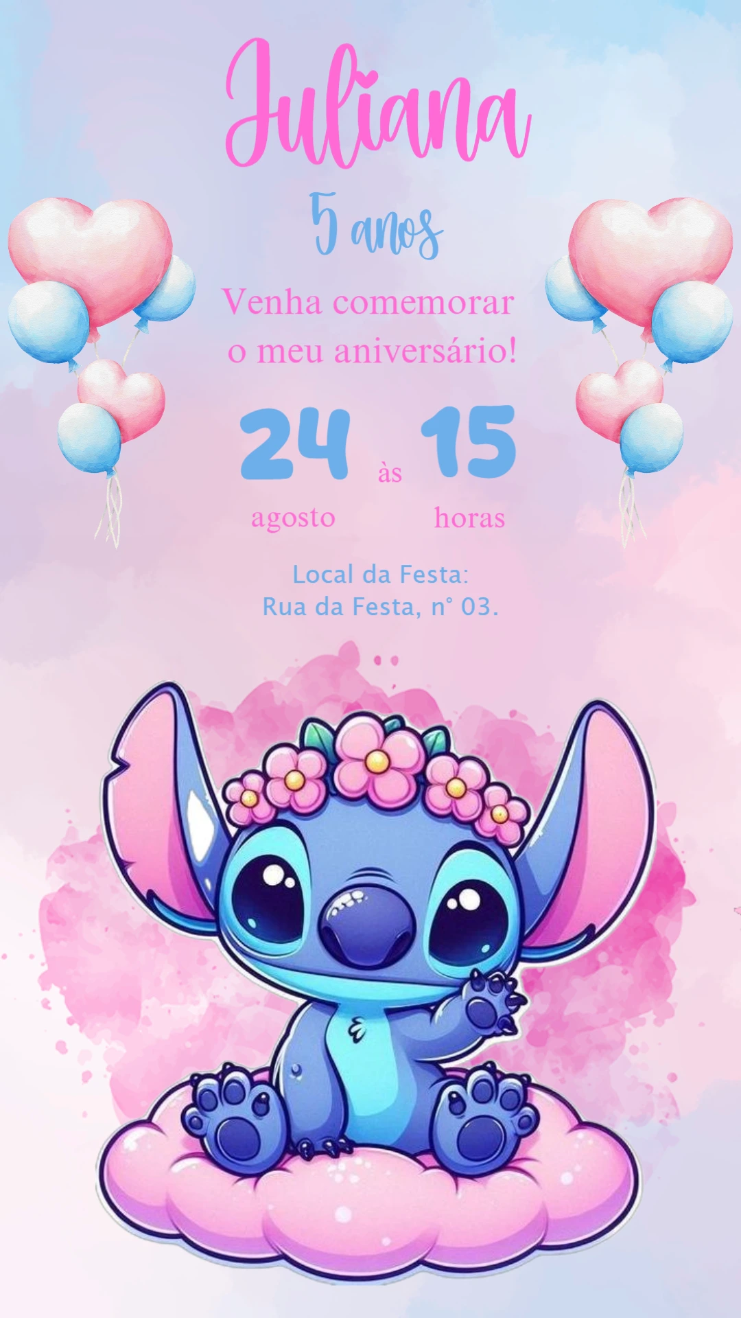 Convite Aniversário Stitch Fofo para Editar Online