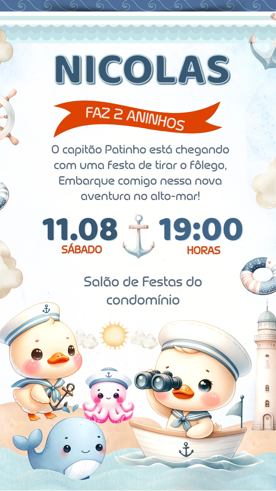Convite Aniversário Patinho Marinheiro para Editar Online