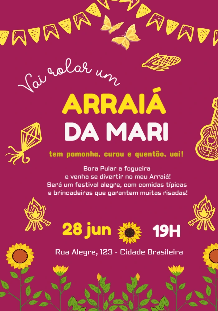 Convite de Aniversário Festa Junina Arraiá para Editar Online