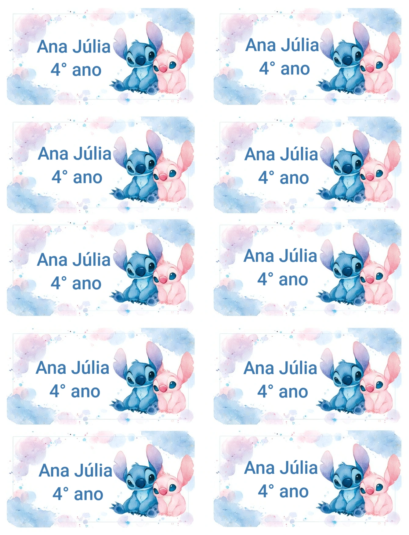 Etiqueta Escolar Stitch e Angel Aquarela para Editar e Imprimir