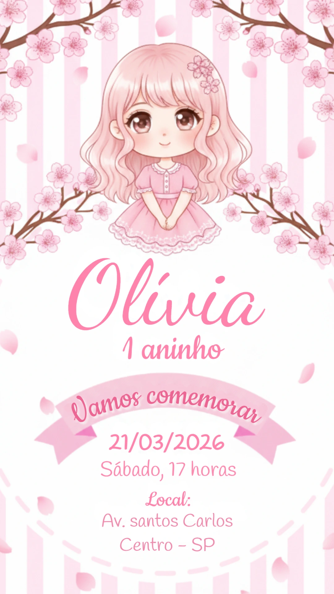 Convite de Aniversário Menina Tema Sakura Rosa Editável