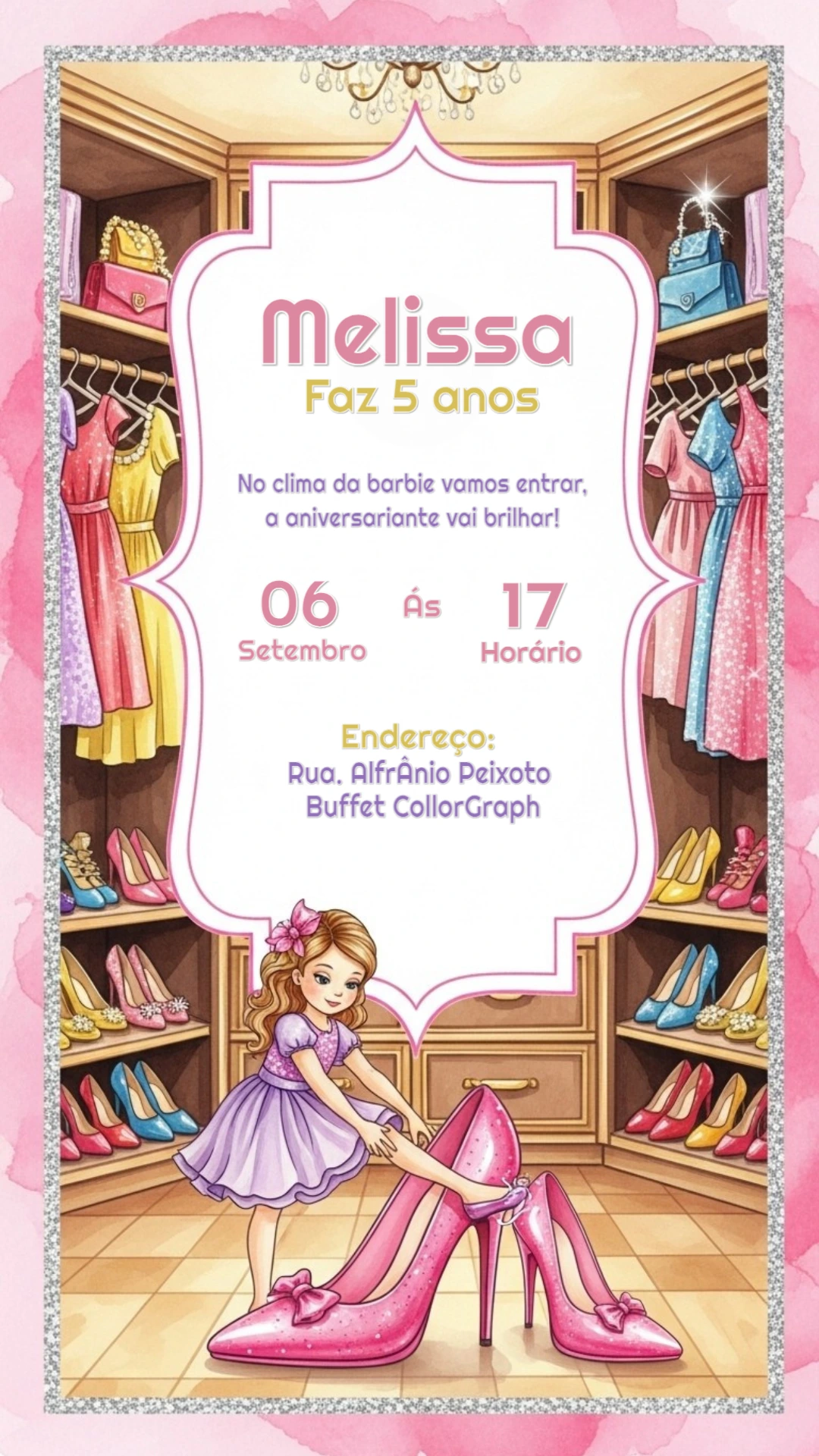 Convite Aniversário Closet de Boneca para Editar Online