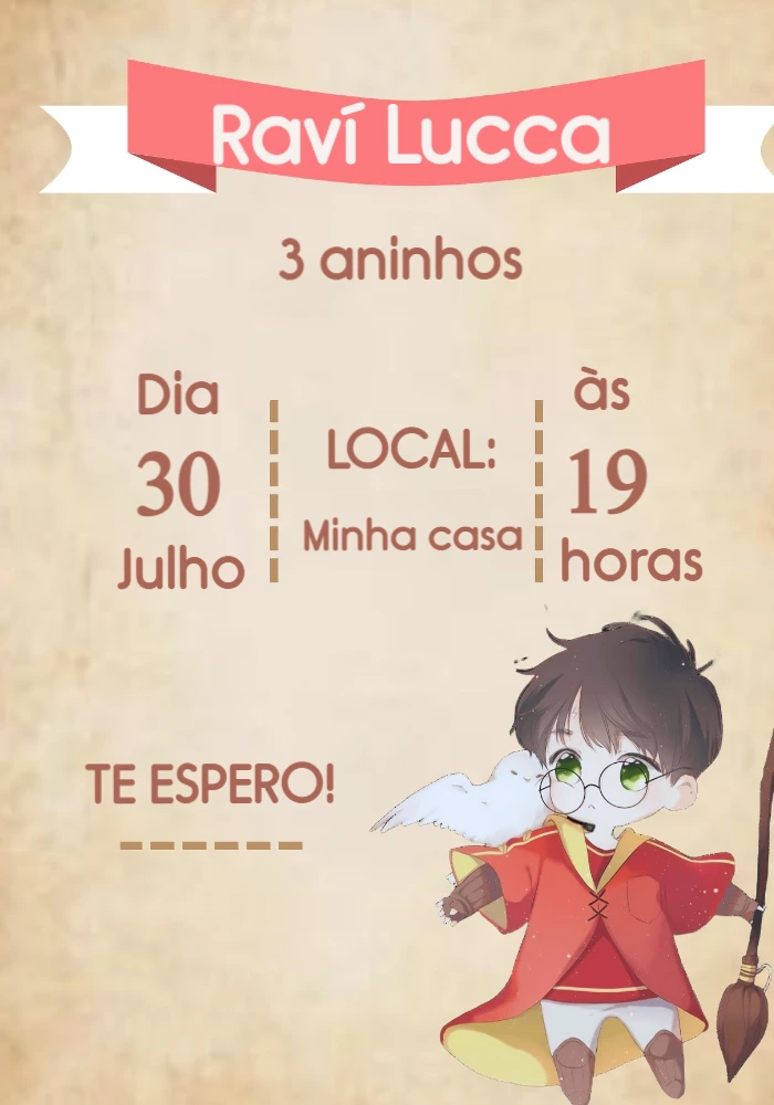 Convite Aniversário Harry Potter Bruxinho Fofo para Editar Online