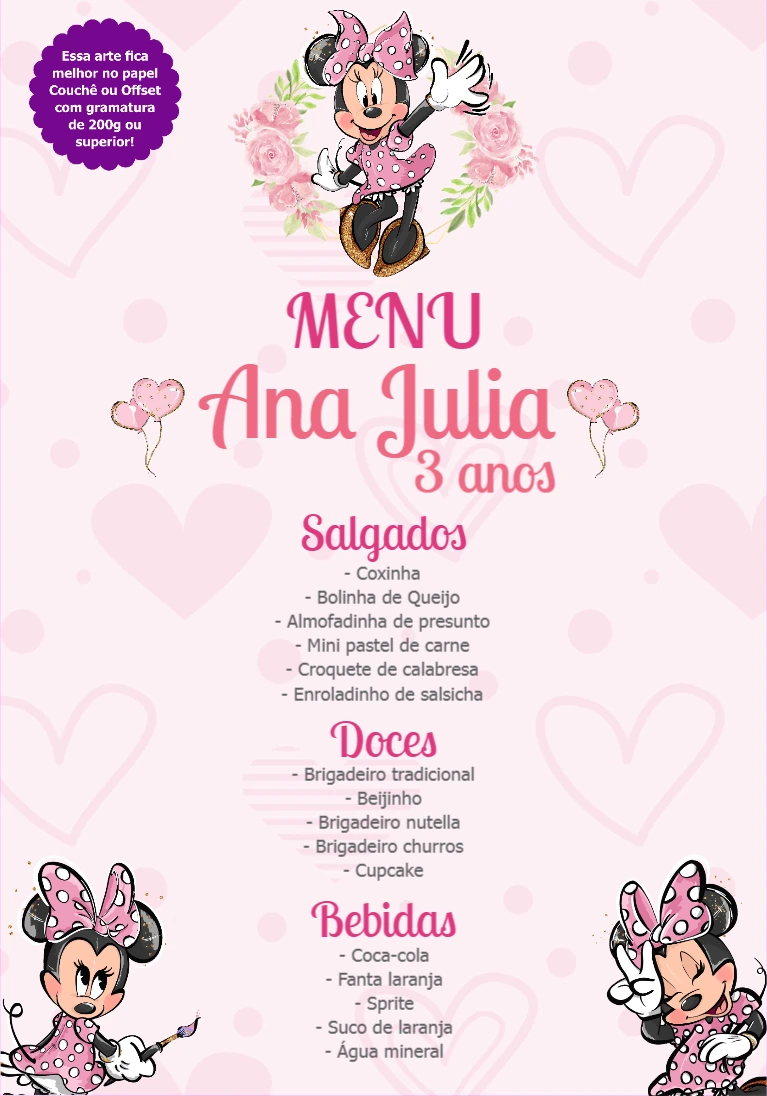 Cardápio Aniversário Minnie Rosa para Editar Online