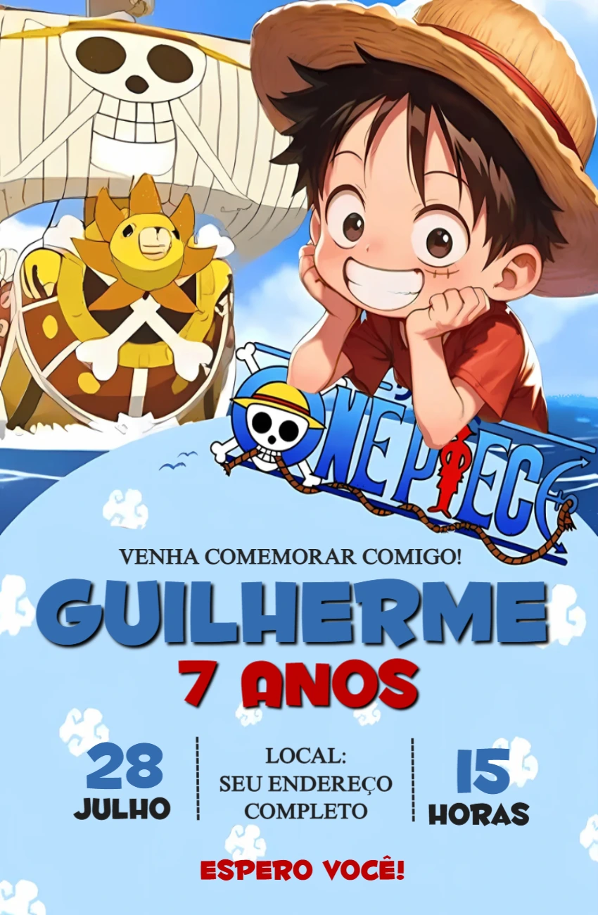 Convite de Aniversário One Piece com Luffy para Editar Online