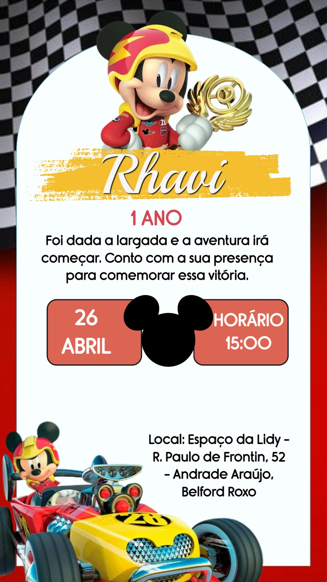 Convite de Aniversário Mickey Piloto de Corrida Editável