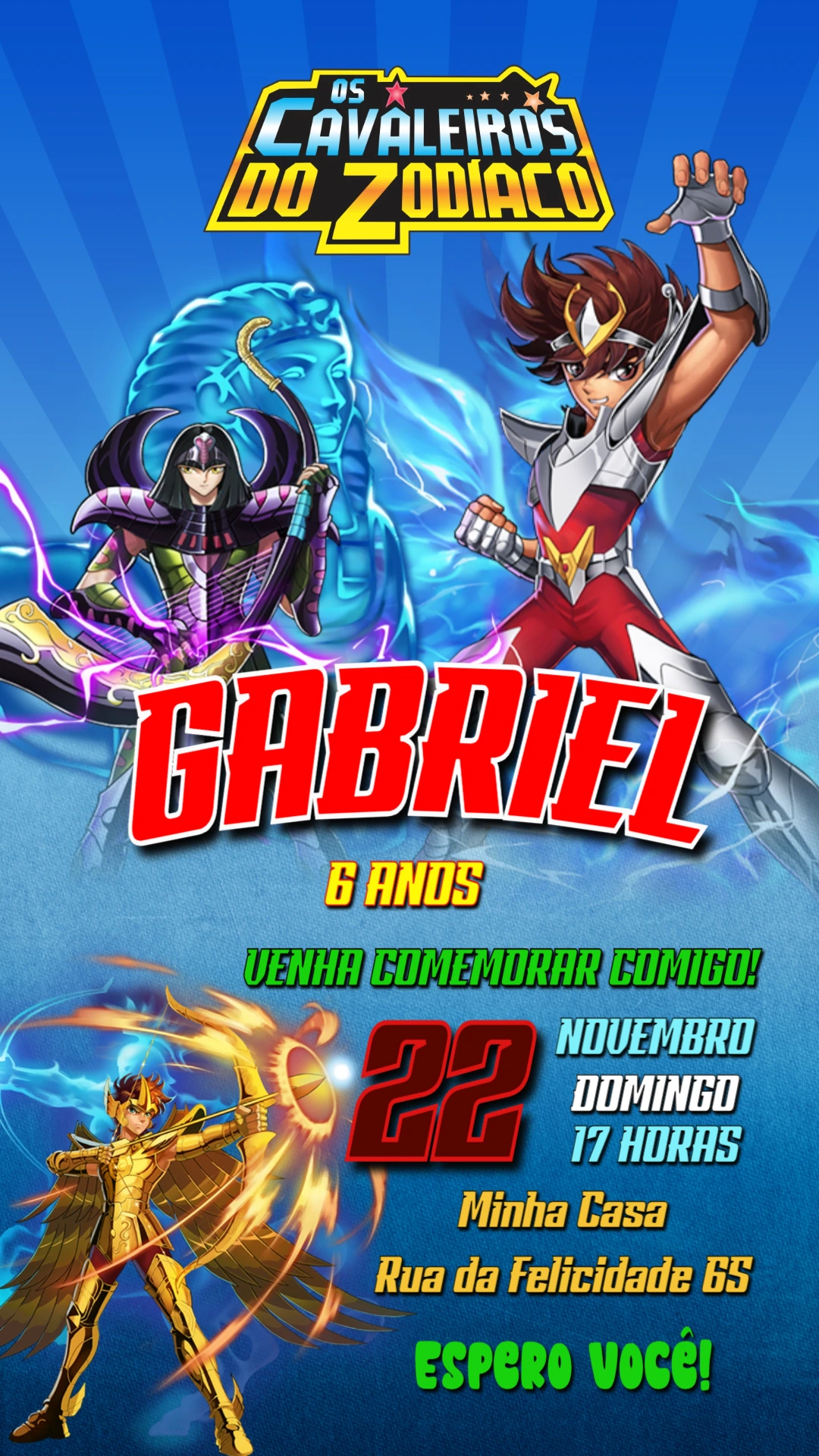 Convite Aniversário Cavaleiros do Zodíaco para Editar Online