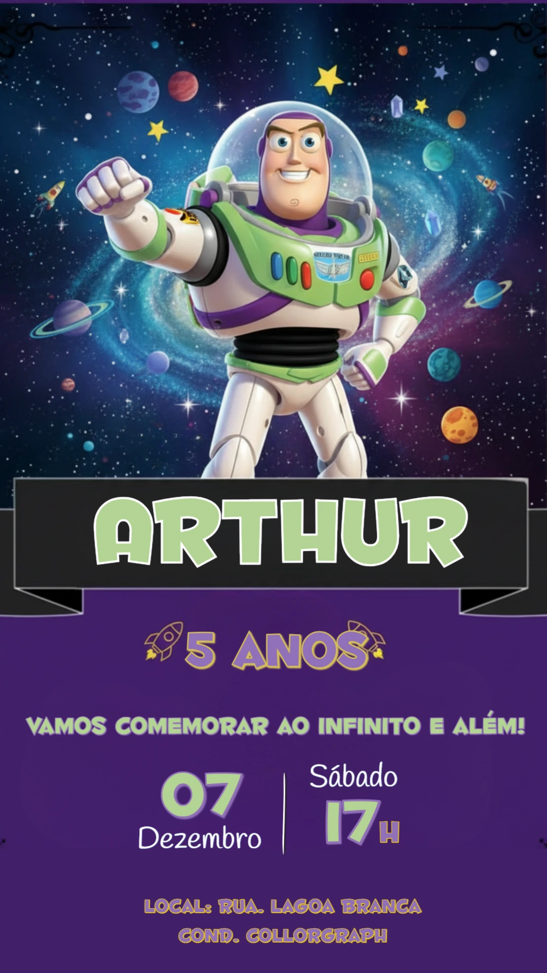 Convite de Aniversário Buzz Lightyear Espacial para Editar