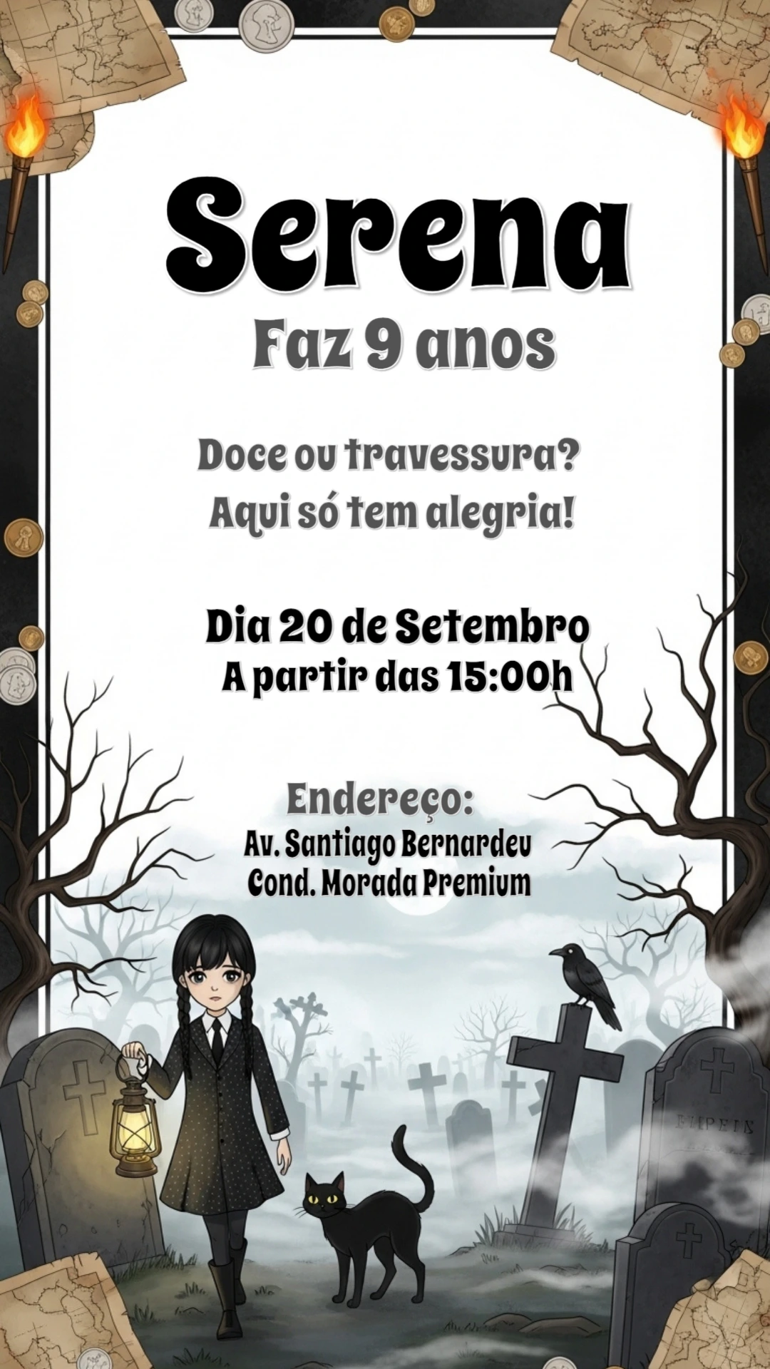 Convite Aniversário Wandinha Addams para Editar Online