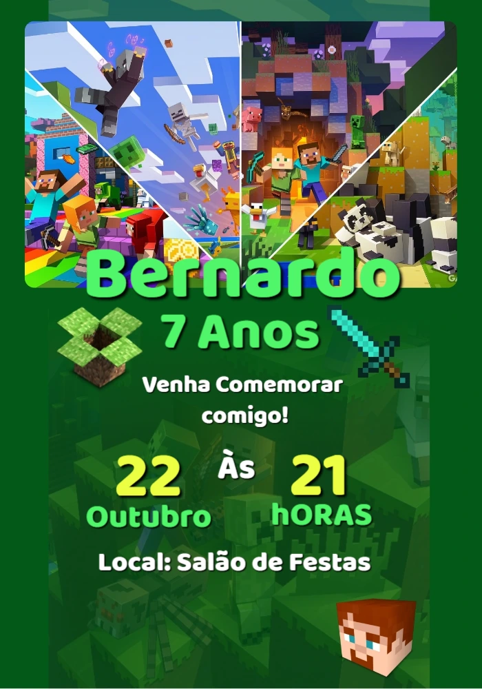 Convite de Aniversário Minecraft com Personagens para Editar