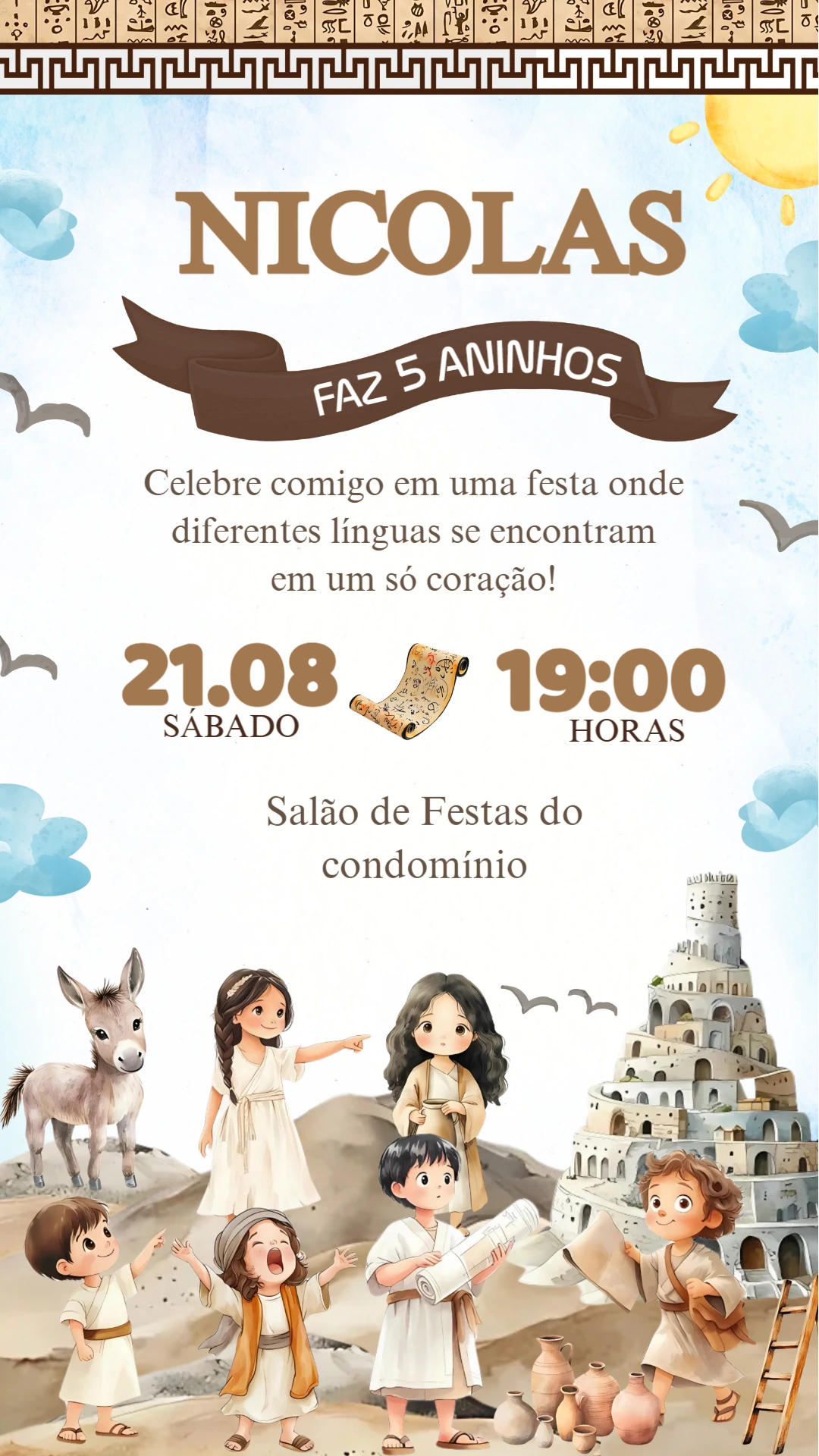 Convite de Aniversário Torre de Babel para Editar Online