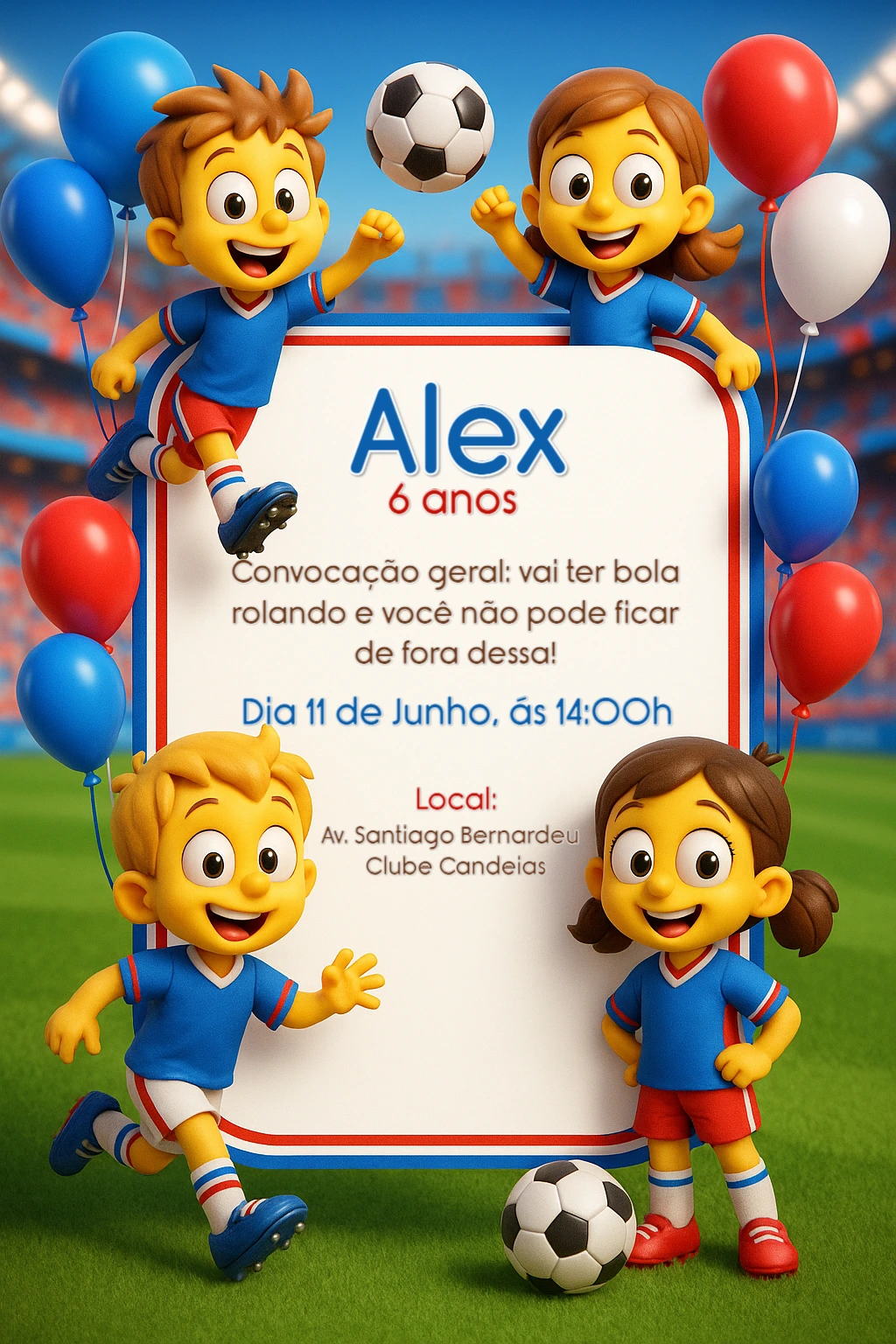 Convite de Aniversário Futebol com Personagens para Editar