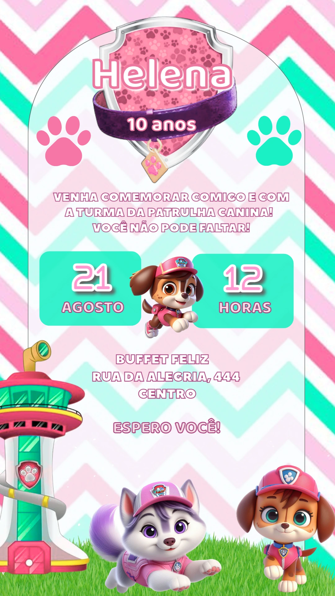 Convite Aniversário Patrulha Canina Menina Rosa para Editar