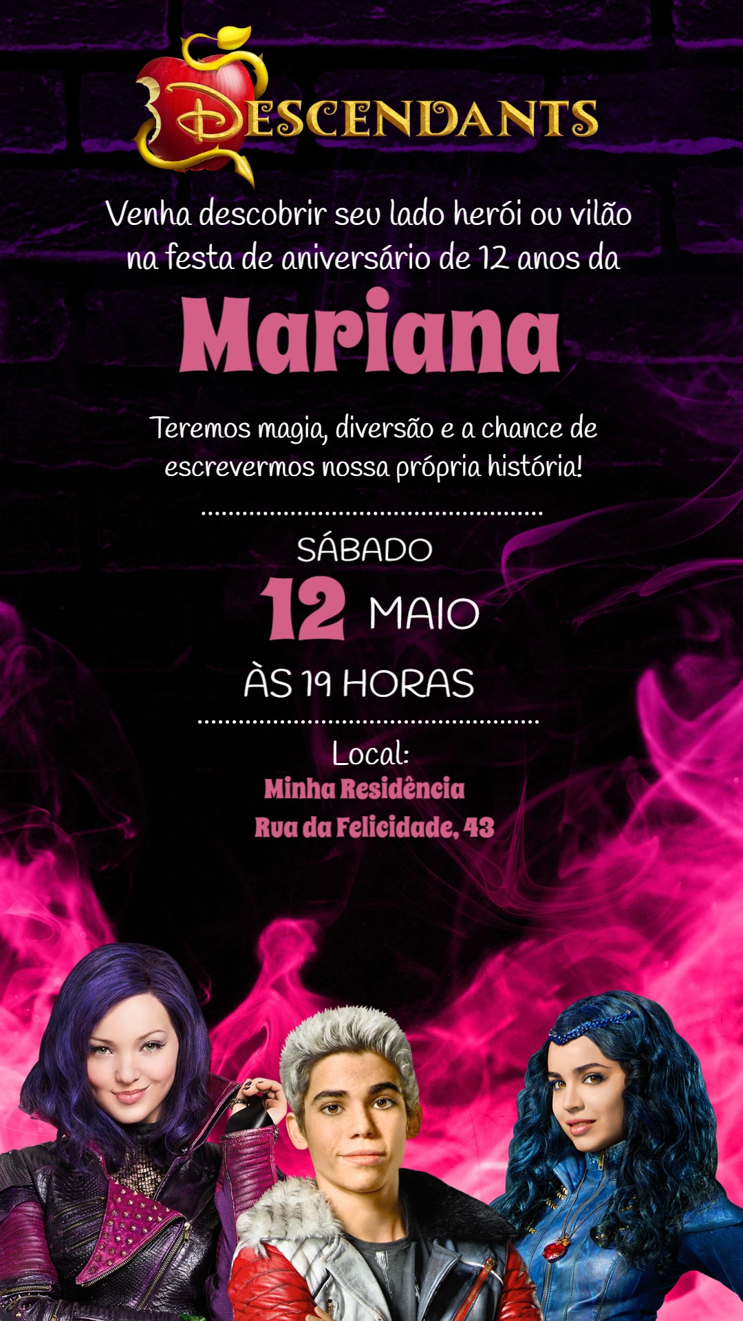 Convite de Aniversário Descendentes Roxo e Preto para Editar