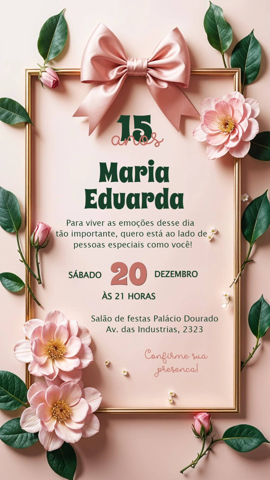 Convite 15 Anos Floral com Laço Rosa para Editar Online