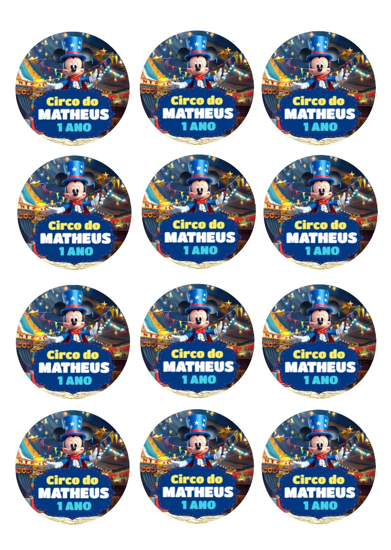 Adesivo Redondo Circo do Mickey para Editar Online e Imprimir