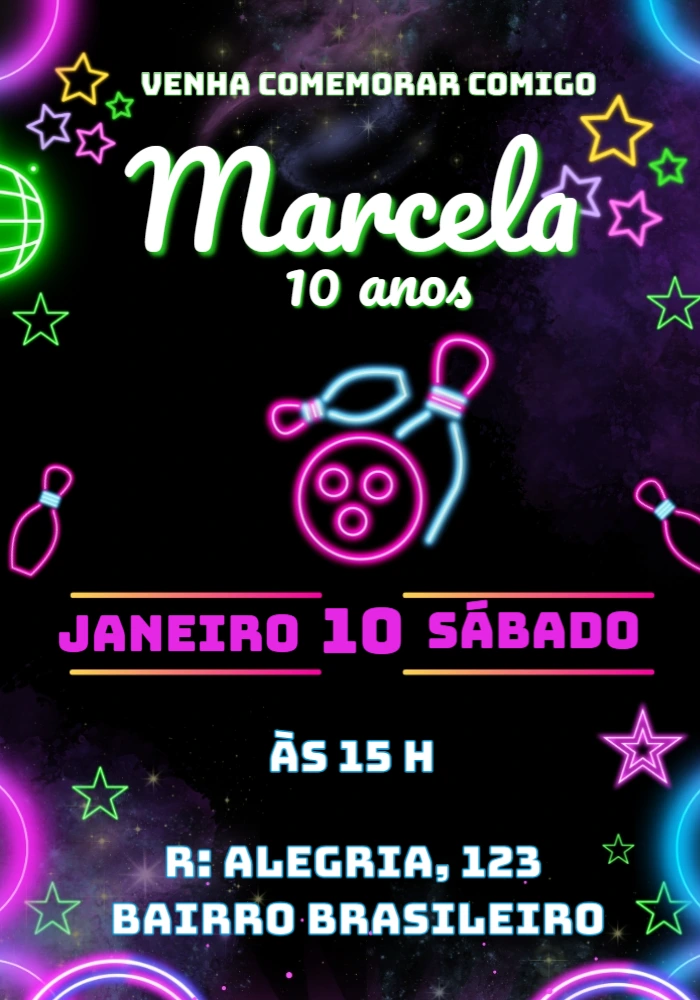 Convite Aniversário Boliche Neon para Editar Online