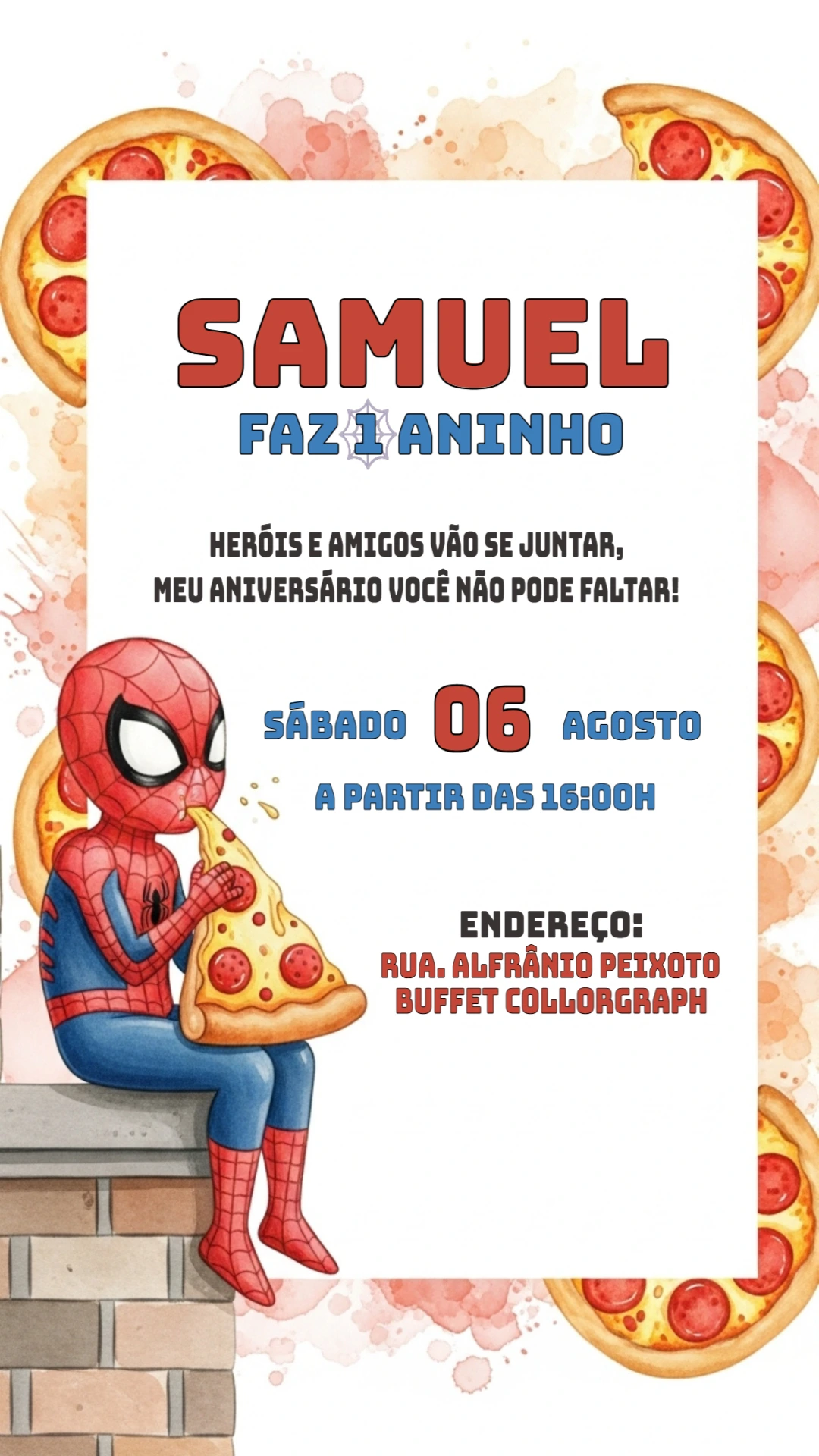 Convite Aniversário Homem Aranha com Pizza para Editar Online