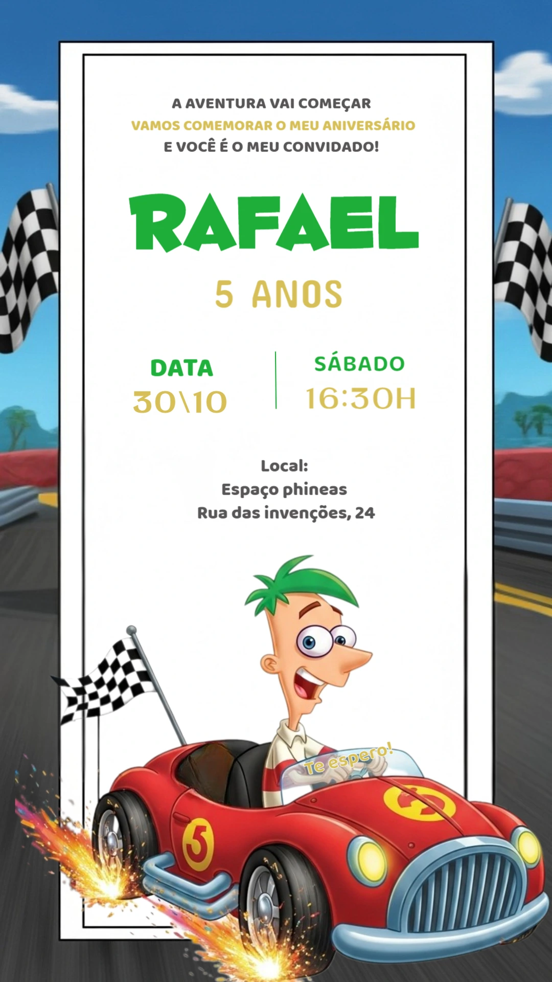 Convite Aniversário Phineas e Ferb Corrida para Editar Online