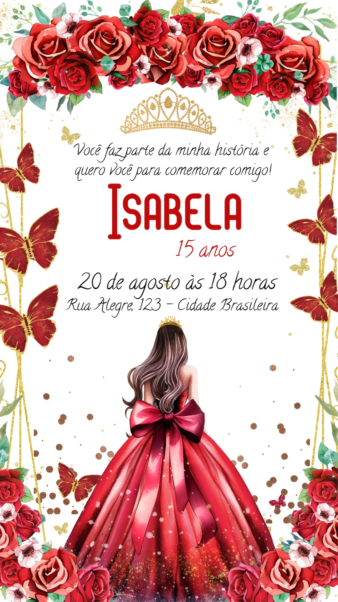 Convite 15 Anos Princesa Vestido Vermelho para Editar