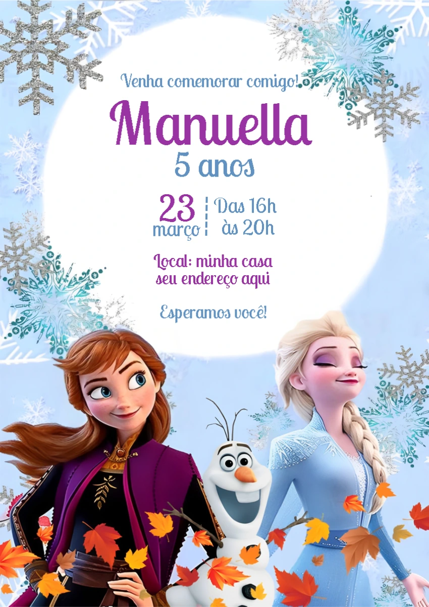 Convite de Aniversário Frozen com Personagens para Editar Online