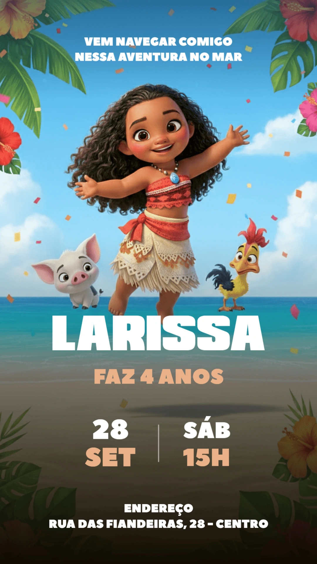 Convite Digital Moana Tropical para Aniversário Infantil Editável