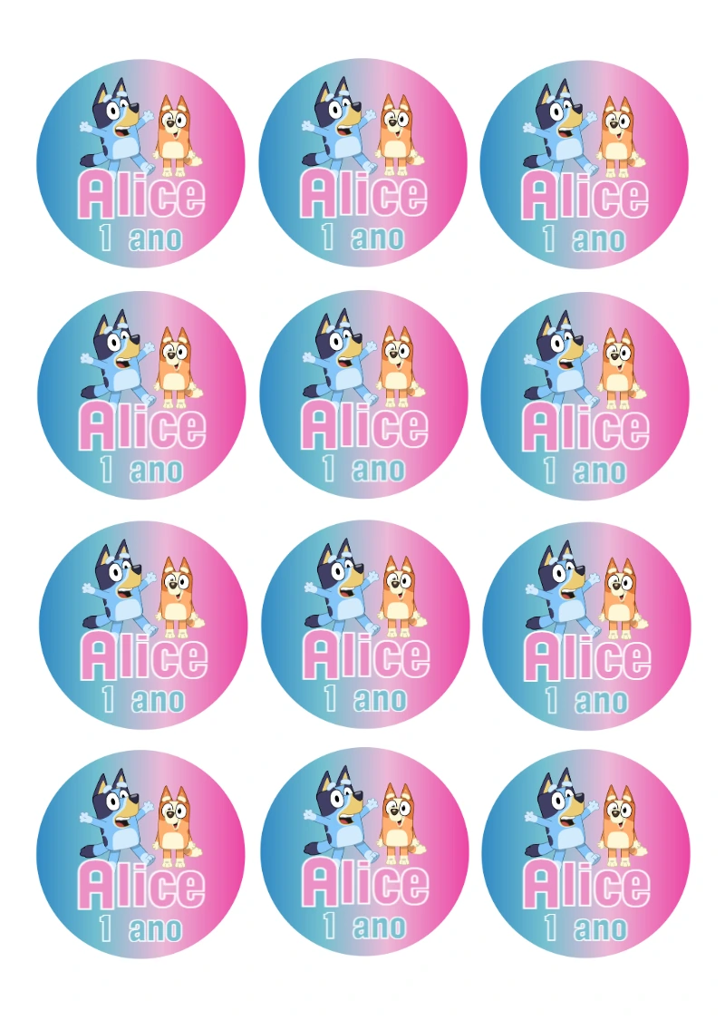 Adesivo Redondo Aniversário Bluey e Bingo para Editar Online