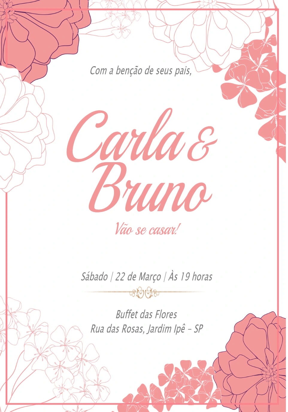 Convite de Casamento Floral Rosa para Editar Online