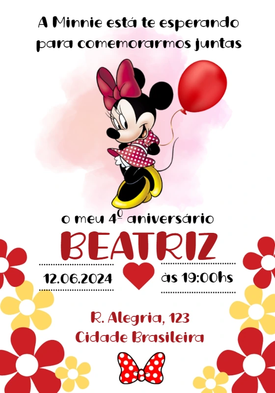 Convite Aniversário Minnie Vermelha para Editar Online