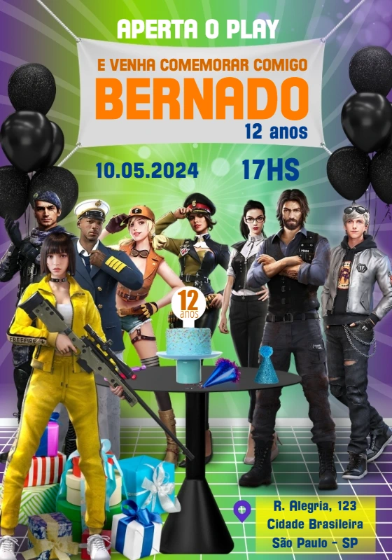 Convite de Aniversário Free Fire com Personagens para Editar