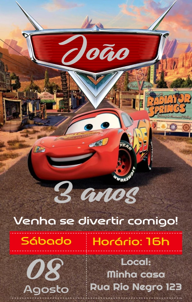 Convite de Aniversário Carros com Relâmpago McQueen para Editar