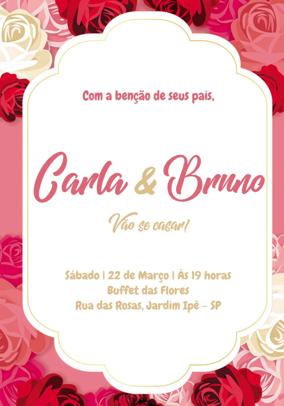 Convite de Casamento Floral com Rosas para Editar Online