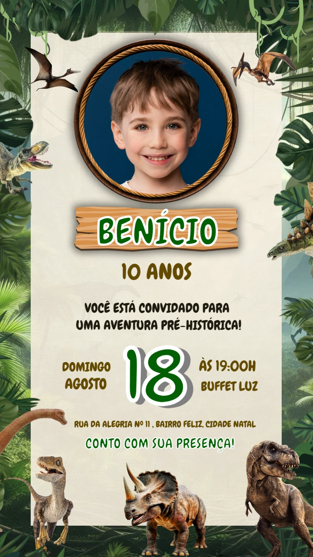 Convite Animado Aniversário Dinossauro com Foto para Editar